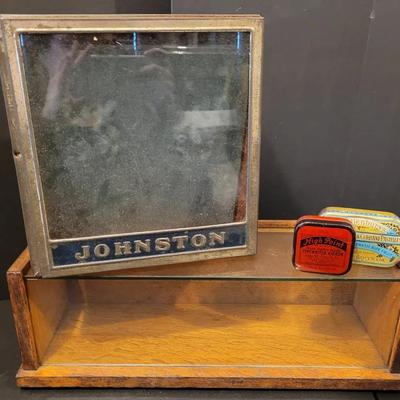 Sale Photo Thumbnail #18: Vintage "Johnson" Store Counter Display Case With Two Antique Tin Containers. 