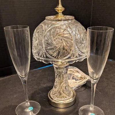 Sale Photo Thumbnail #16: Cut Glass Accent Lamp & Tiffany Champagne Flutes – Elegant Vintage Trio
