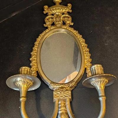 Sale Photo Thumbnail #4: Vintage Ornate Brass Wall Sconce With Mirror – Two-Arm Candle Holder