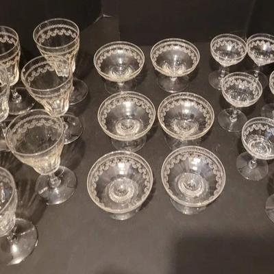 Sale Photo Thumbnail #8: Mixed Lot- Vintage Etched Crystal Stemware Set