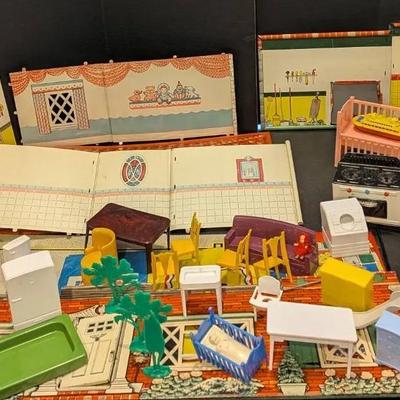 Sale Photo Thumbnail #10: Vintage Dollhouse Lot – Walls, Floors, Furniture & Accessories (Mixed Collection)