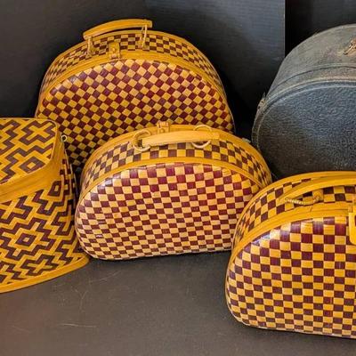 Sale Photo Thumbnail #6: Vintage Woven Luggage & Hat Box Lot – Set of 5