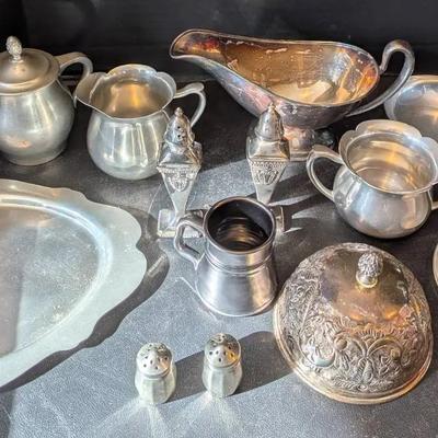 Sale Photo Thumbnail #21: Vintage Pewter & Nickel Silver Tableware Lot – Mixed Serving Pieces & Decor