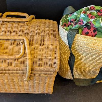 Sale Photo Thumbnail #43: Woven Picnic Basket Pair – Classic Lidded Carrier & Straw Tote w/ Ladybug Liner