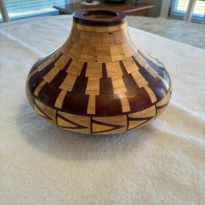Closed segmented bowl, materials ambrosia maple,yellowheart,bloodwood, desert ironwork 