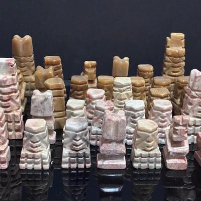 Aztec/Mayan Chess Pieces On  Marble & Onyx