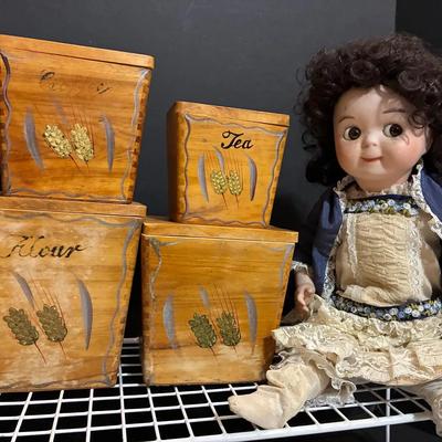 Vintage Wooden Kitchen Canisters & Antique German Doll