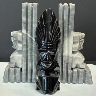 Mesoamerican-themed Obsidian & Marble Figurines, Bookends