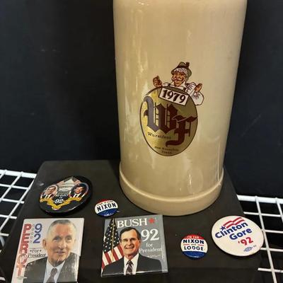 Vintage Political Campaign Buttons, Wurstfest 1979 Stein