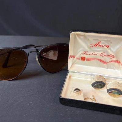New Boxed Anson Gold Tone Cufflinks and Tie Tack Set , Metal Frame Aviator Sunglasses 