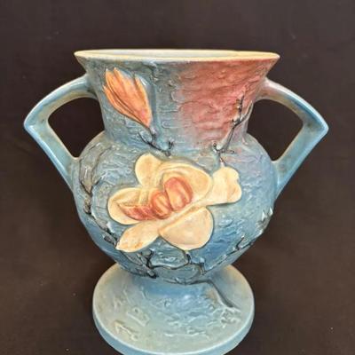 Vintage Roseville Blue/ Cream Clematis Urn Vase 8” Height