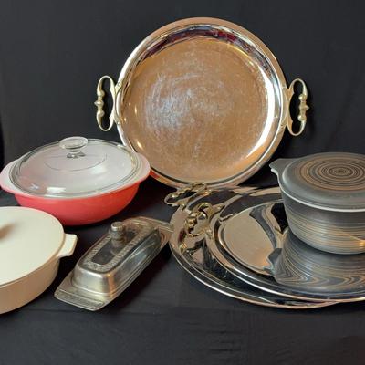 Vintage Kitchenware * 3~MCM Kromex Platters; Unique Pyrex & Corningware; Stainless Steel ButterDish 