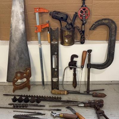 Vintage Tools * Saw, Clamps, Auger Bits; Rare Brass? Blowtorch 