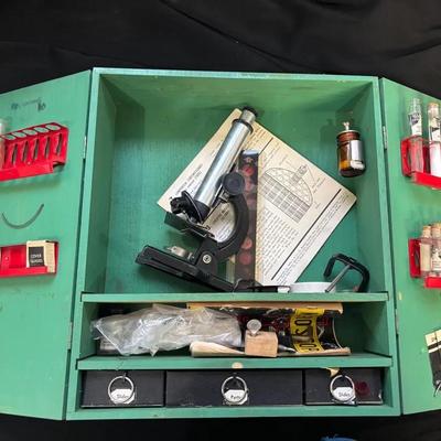 Vintage Gilbert Microscope with Original Wood Case and Accessories 