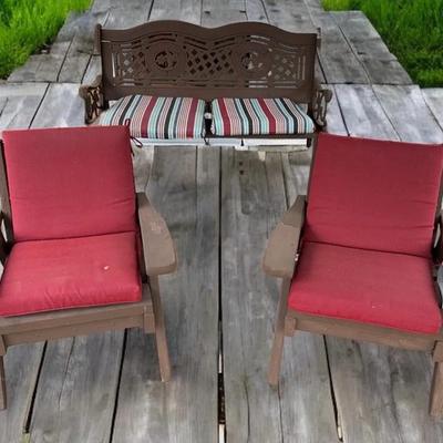 Gorgeous Metal & Wood Bench Seat, Wood Chairs & Side Tables 