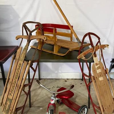 3~Vintage Wooden Sleds * Junior AMF Tricycle * Hiawatha 