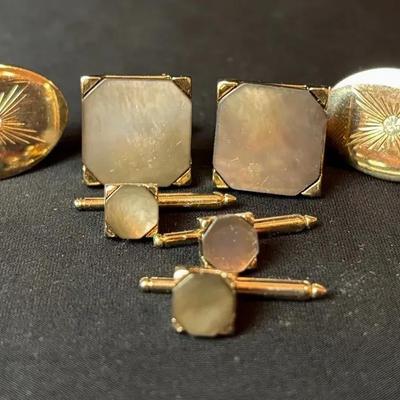 Mother of Pearl Cufflinks , Tie Tack Set ~ Gold Tone Cufflinks Tiny Crystal Detail