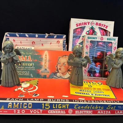 Vintage Christmas Lights with Boxes , Shiny Bright Ornaments , Resin Angels