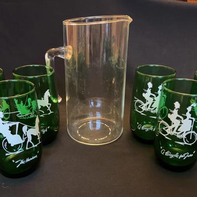 6 Vintage Emerald Green Anchor Hocking 1950s Tom Collins Glasses * Pyrex Pitcher 