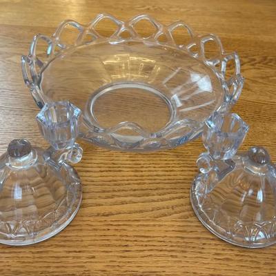 Pale Lavender Clear Open Lace Design Vintage Glass Bowl , Double Candelabras 
