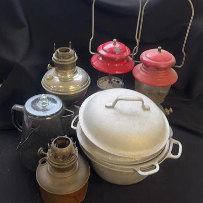 Antique Coleman and Other Lanterns , 3 Silverseal Metal Pots & Lids , Metal Coffee Percolator 
