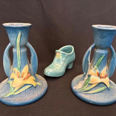 Vintage Roseville Blue/ Cream Lily Candlesticks 5” , Rosemade N.Dakota Ceramic Shoe 