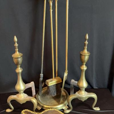 Vintage Brass Fireplace Tools * Old English Style Wood & Leather Bellows 18x6x4 *