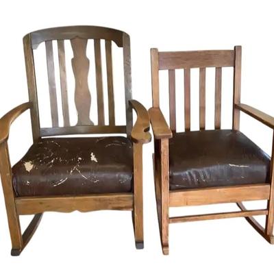2 Antique Wood Rocking Chairs with Leather Seats
