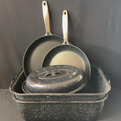 2 OXO Teflon Skillets Large Size , Black Enamel Roasting Pans 