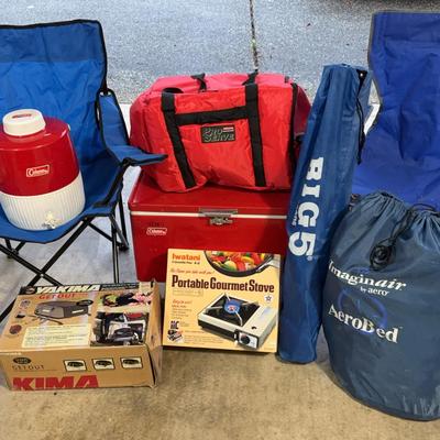YAKIMA GET-OUT SoftTop Roof Carrier; Camping Stove, Vintage Coleman Cooler, Aerobed, & Camp Chairs 