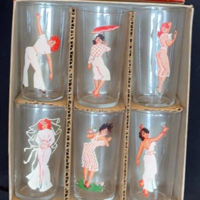 Vintage Pinup Girl Boxed Highball Glasses Set of 6 