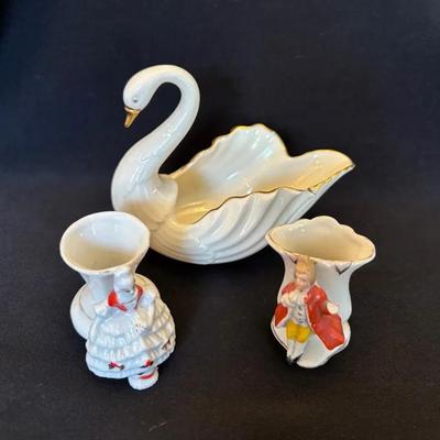 Hand Decorated 24K Gold Lenox Swan Trinket Dish , Antique Japan Tiny vases 