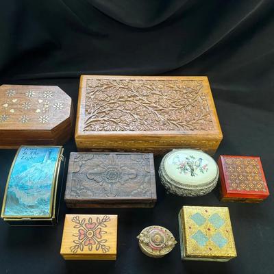 10 Wood , Polish Wood, Metal , Enamel , Stone, Glass Jewelry and Trinket Boxes 
