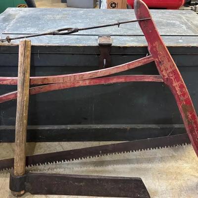 Antique Tool Trunk and Organization Unit , Rustic Axe & Hand Saw 