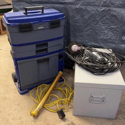 BenchTop Tool Storage & Sturdy Metal Case With Vintage Metal Cage Shop Lights 