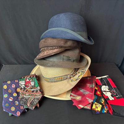 5 Men’s Hats and 5 Wide Neckties , Brim , Bowler , Fisherman , Fedora 
