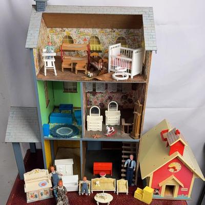Vintage Handmade Dollhouse With Furniture, Dolls & Portable Fischer Price School