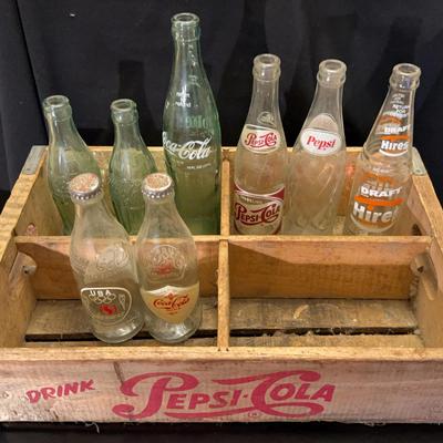 Vintage Soda-Pop Glass Bottles In PEPSI-COLA Crate! * COCA-COLA