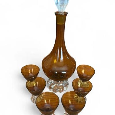 Vintage Aseda Glasbruck  Amber Carafe and 6 Footed Cordial Glasses 