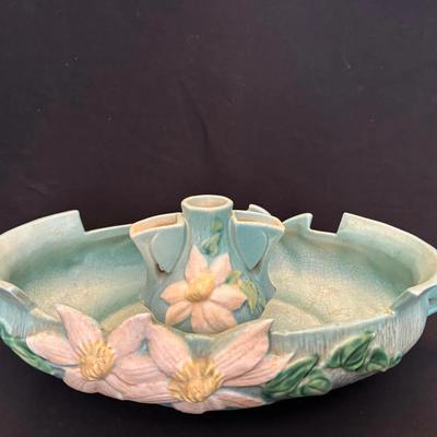 Vintage Roseville Aqua / Cream Clematis Planter and Frog 