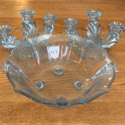  Vintage Etched Blue Glass Triple Candelabras and Footed Serving Bowl 