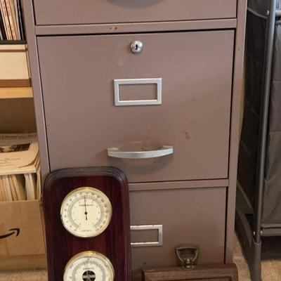 40” Vintage Office Equipment * 3 Drawer Metal File Cabinet * Verichron Weather Station 16”x7” * 