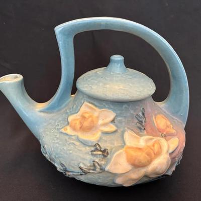 Large Roseville Blue / Cream Magnolia  Flower Teapot 