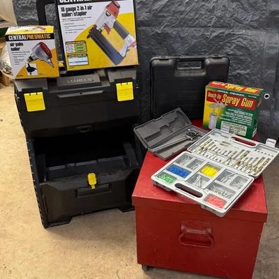 Sturdy Metal Tool Storage On Casters * Pneumatic Nailer~Staplers, Spray Gun * Stanley Toolbox