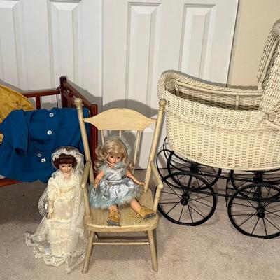 Antique Dolls, Crib & Wicker Pram 