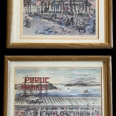 2 Watercolors * Pike Place Market & Pioneer Square * PNW Artist CLEMENTSON * Signed & Numbered 