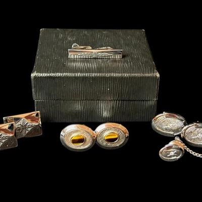 Hickok Silver Tone Cufflinks, Tie Clip , Tie Tack /  Crystal and Tiger Eye Detail 