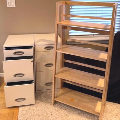 Two Locking 3 Drawer Metal File Cabinets * Wooden 4 Shelf Ladder Bookcase * 