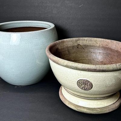 Large Crackle Glazed Cermaic Planters (2) - 10" Dia X 9" H & 12" Dia X 7" H