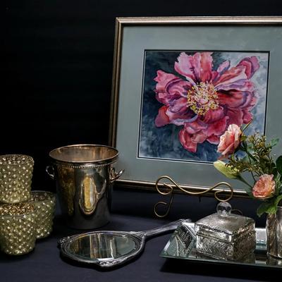 Original Floral Watercolor Painting With Mercury Glass, Mirrored & Silver Plate Decor